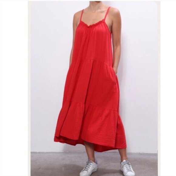 Xirena Cara Red Cotton Gauze Tiered Spaghetti Strap Sleeveless Midi Dress Medium - Picture 15 of 16
